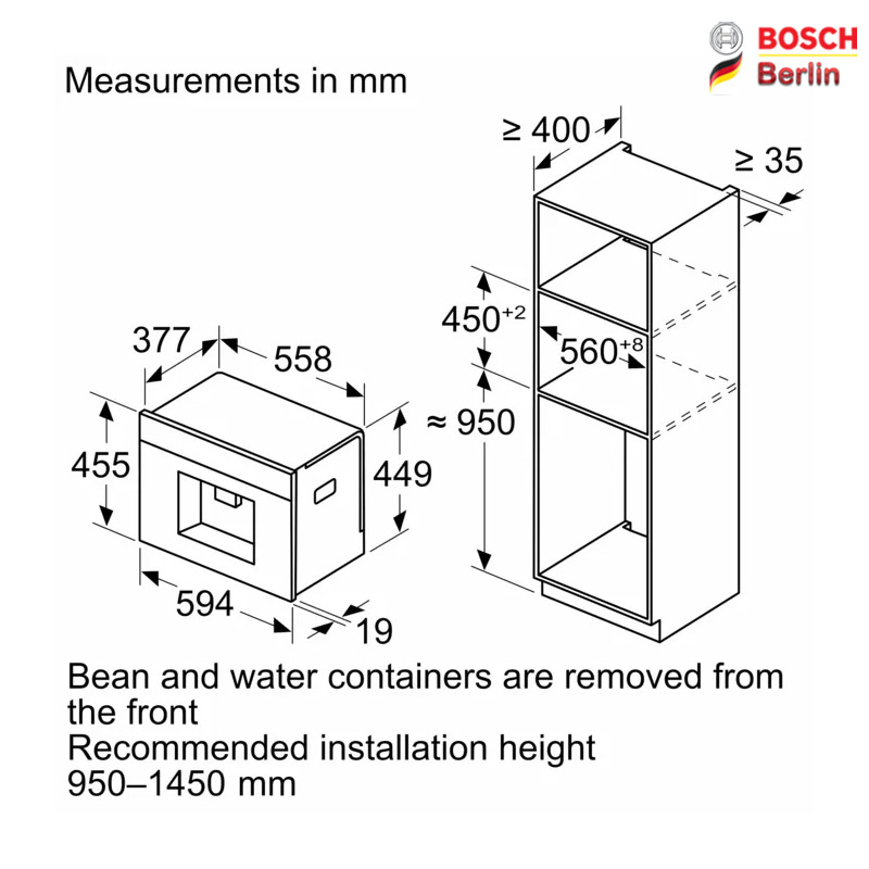 ابعاد اسپرسوساز توکار بوش مدل BOSCH CTL9181B0