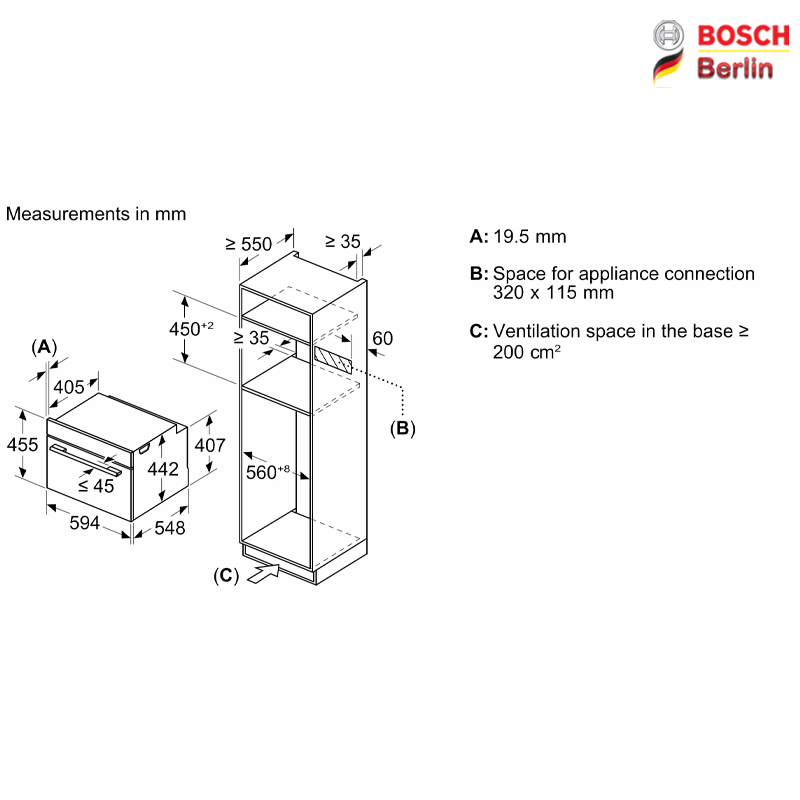 ابعاد فر مایکروویو کامپکت توکار بوش مدل BOSCH CMG978NB1