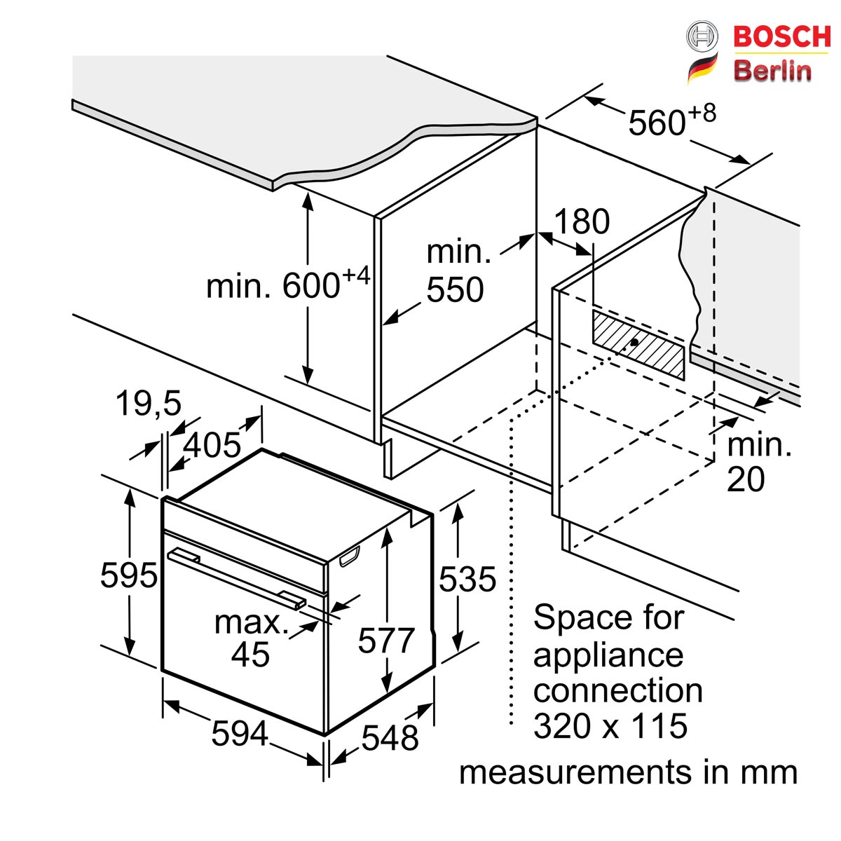 ابعاد فر برقی توکار بوش مدل HBG756CB1M