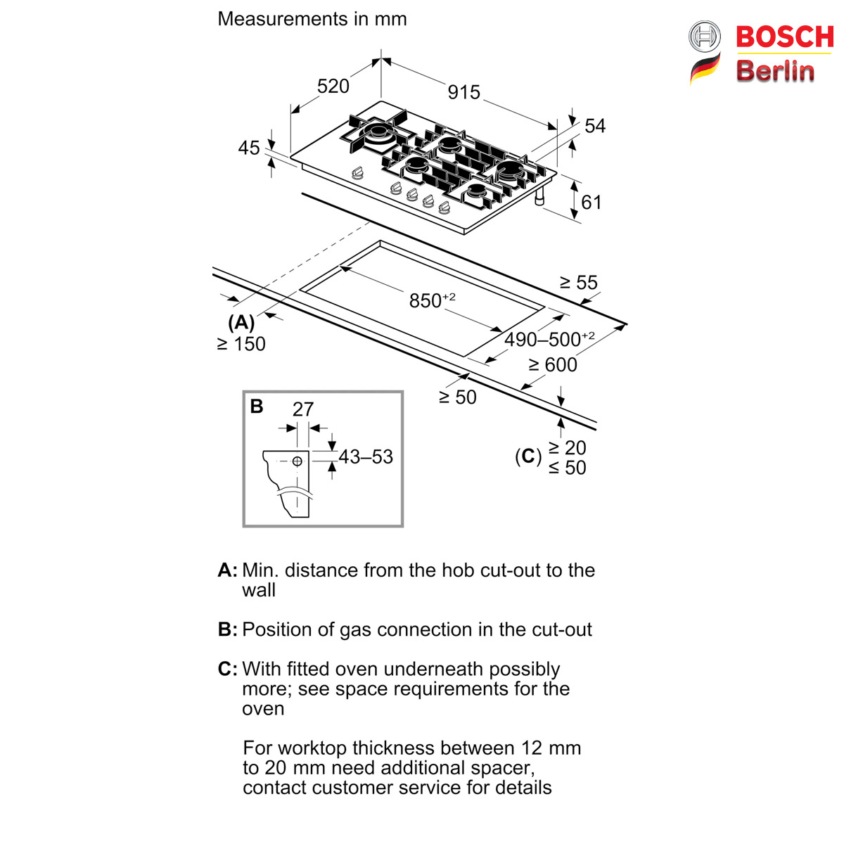 مشخصات نصب صفحه گازی توکار بوش مدل BOSCH PRS9A6H40